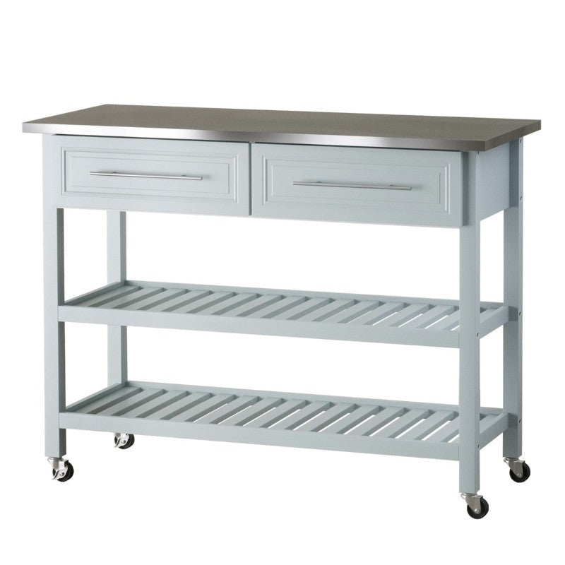 Light Gray Rolling Kitchen Island 2 Drawers Storage with Stainless Steel Top Image 2