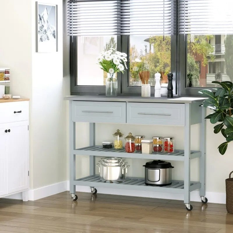 Light Gray Rolling Kitchen Island 2 Drawers Storage with Stainless Steel Top Image 3