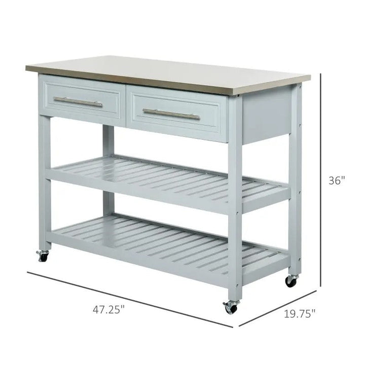 Light Gray Rolling Kitchen Island 2 Drawers Storage with Stainless Steel Top Image 4