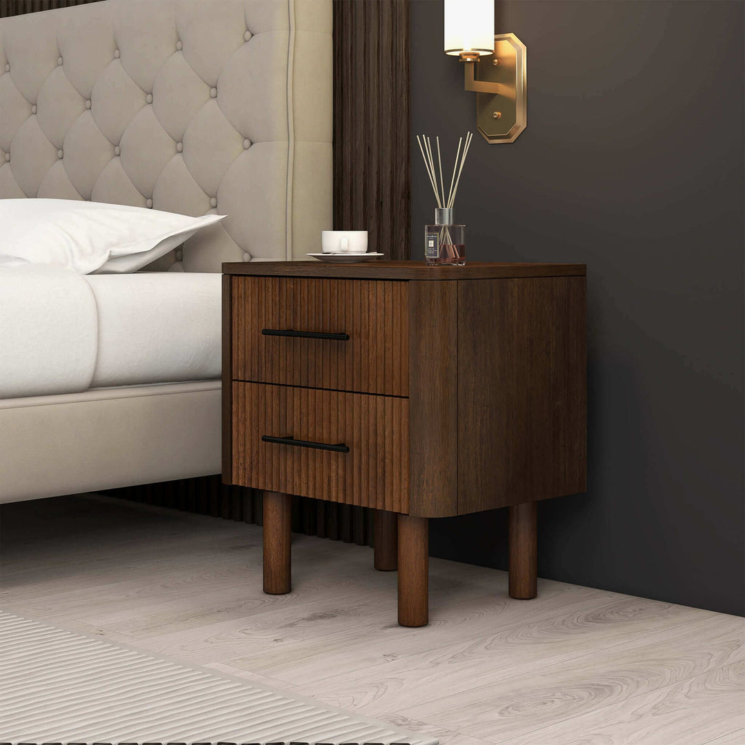 Logan Mid Century Modern Walnut Nightstand Bed Side Tables With 2 Drawers Image 4