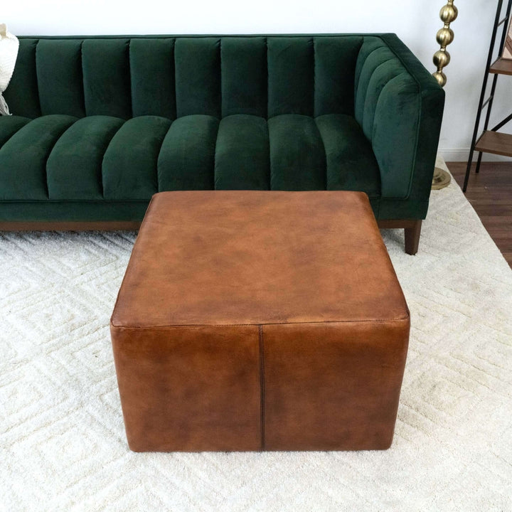 Mallory Mid-Century Square Genuine Leather Upholstered Ottoman In Tan 27.5" Image 4