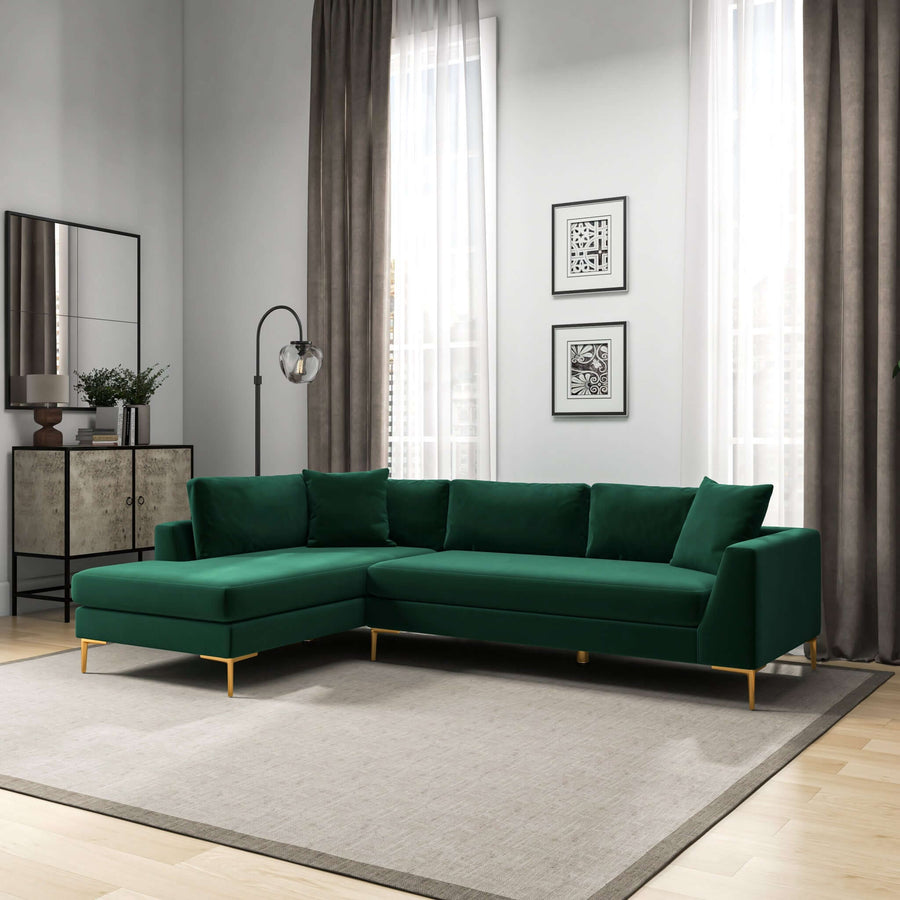 Mano L-Shaped Velvet Sectional Sofa In Green Left Facing Image 1