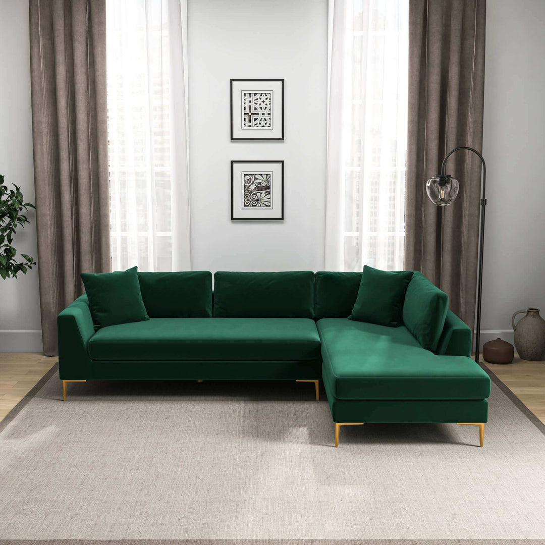 Mano L-Shaped Velvet Sectional Sofa In Green Right Facing Image 1