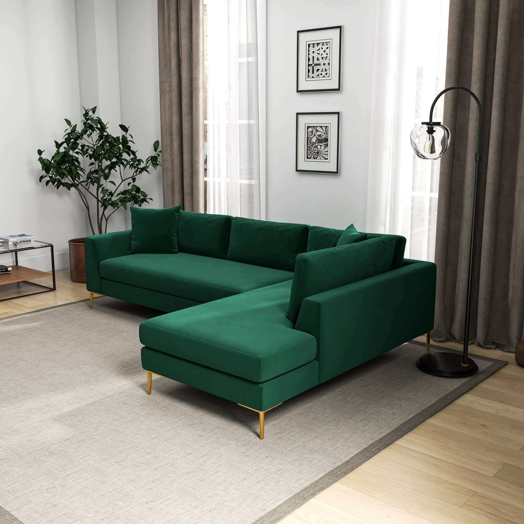 Mano L-Shaped Velvet Sectional Sofa In Green Right Facing Image 2