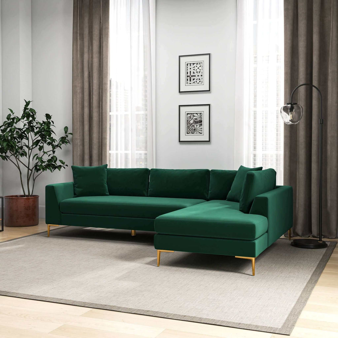 Mano L-Shaped Velvet Sectional Sofa In Green Right Facing Image 3