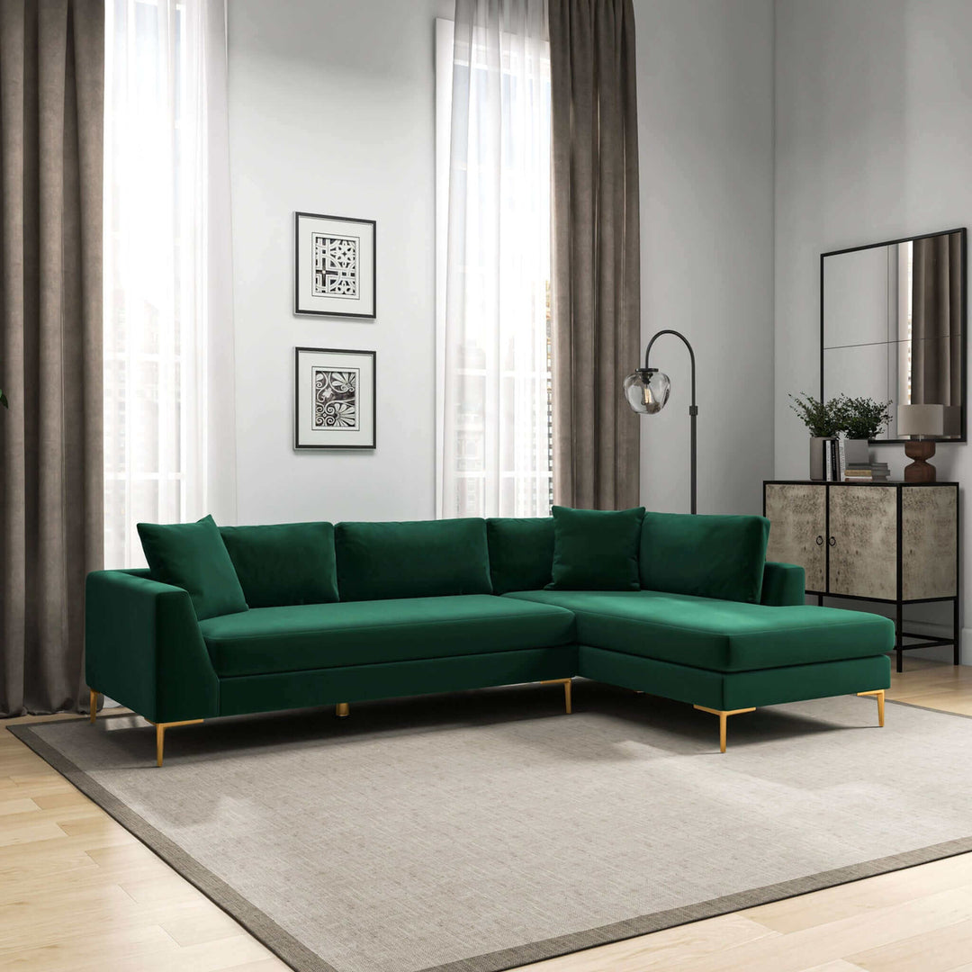 Mano L-Shaped Velvet Sectional Sofa In Green Right Facing Image 4