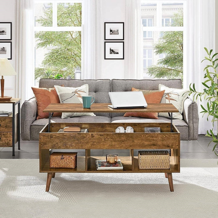 Mid-Century Lift-Top Coffee Table Sofa Laptop Desk in Rustic Brown Wood Finish Image 3