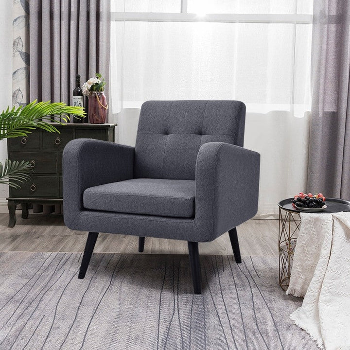 Mid-Century Modern Grey Linen Upholstered Accent Chair with Wooden Legs Image 3