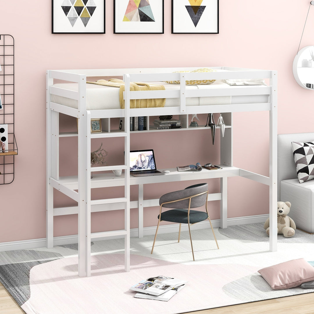 Minimalist White Twin Size Loft Bed with Built In Desk and Shelf Image 1