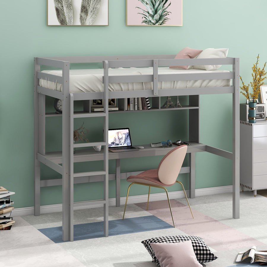 Minimalist Gray Twin Size Loft Bed with Built In Desk and Shelf Image 1