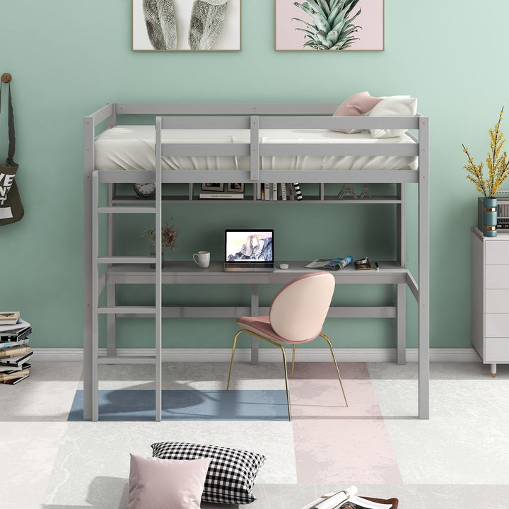 Minimalist Gray Twin Size Loft Bed with Built In Desk and Shelf Image 2