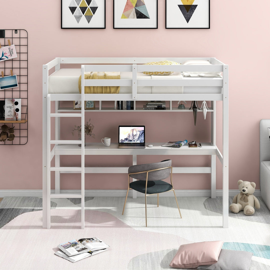 Minimalist White Twin Size Loft Bed with Built In Desk and Shelf Image 2