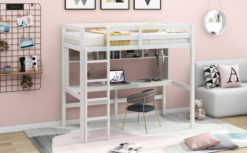 Minimalist White Twin Size Loft Bed with Built In Desk and Shelf Image 3