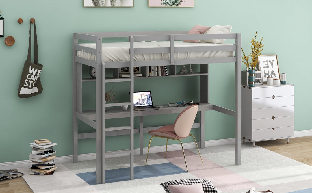 Minimalist Gray Twin Size Loft Bed with Built In Desk and Shelf Image 3