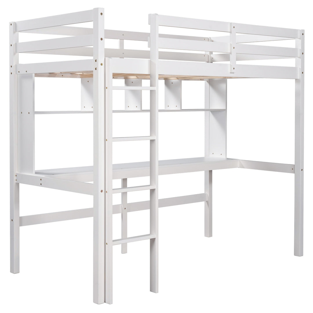 Minimalist White Twin Size Loft Bed with Built In Desk and Shelf Image 4