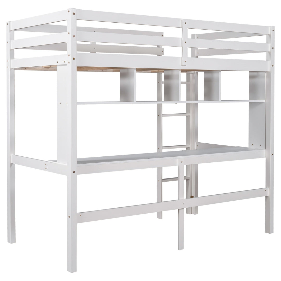 Minimalist White Twin Size Loft Bed with Built In Desk and Shelf Image 5