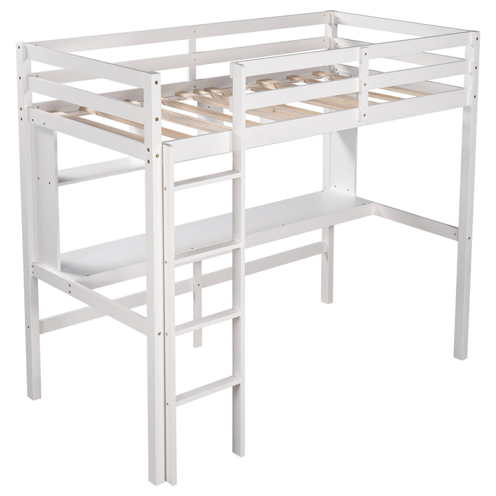 Minimalist White Twin Size Loft Bed with Built In Desk and Shelf Image 6