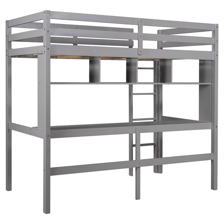 Minimalist Gray Twin Size Loft Bed with Built In Desk and Shelf Image 4