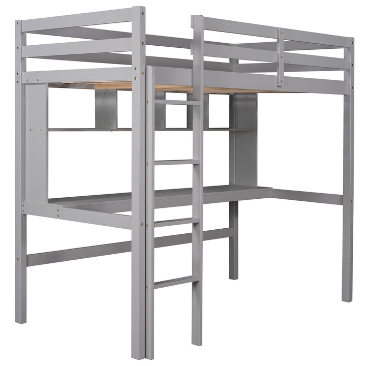 Minimalist Gray Twin Size Loft Bed with Built In Desk and Shelf Image 5