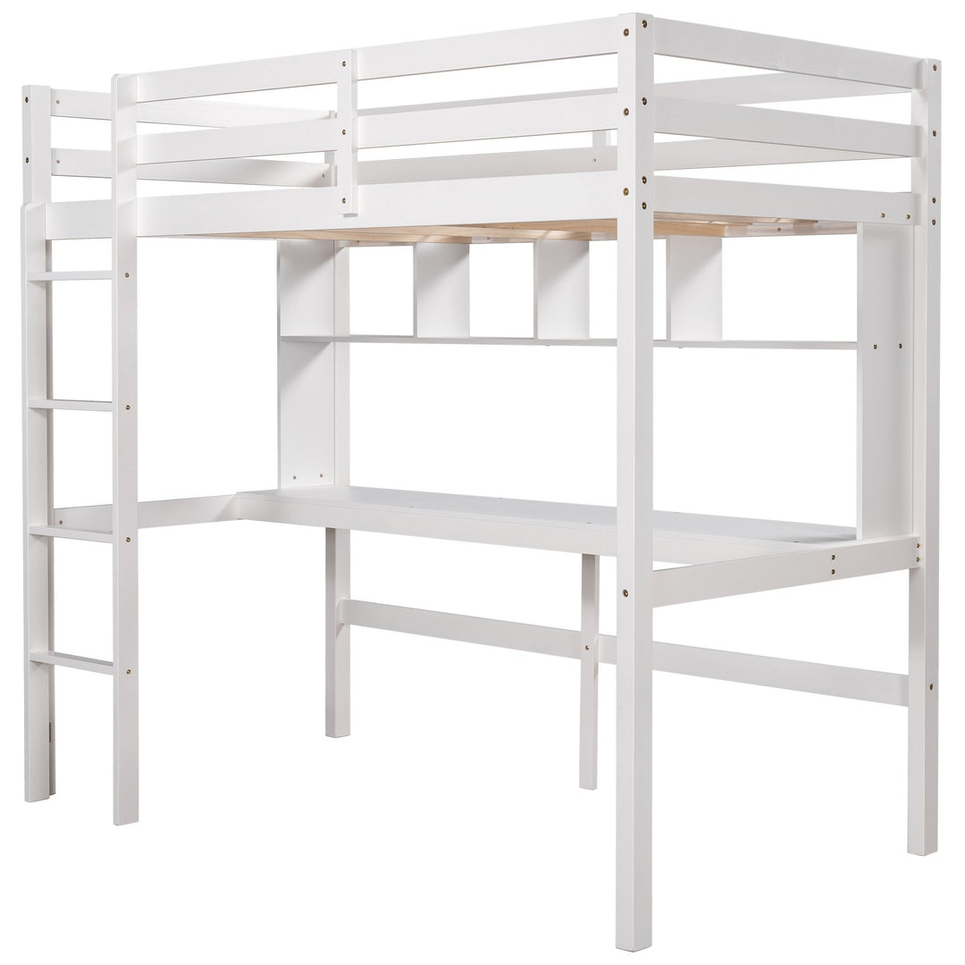 Minimalist White Twin Size Loft Bed with Built In Desk and Shelf Image 7