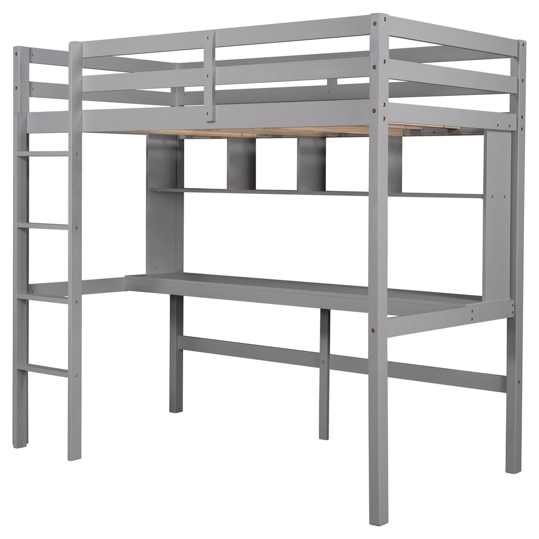 Minimalist Gray Twin Size Loft Bed with Built In Desk and Shelf Image 7