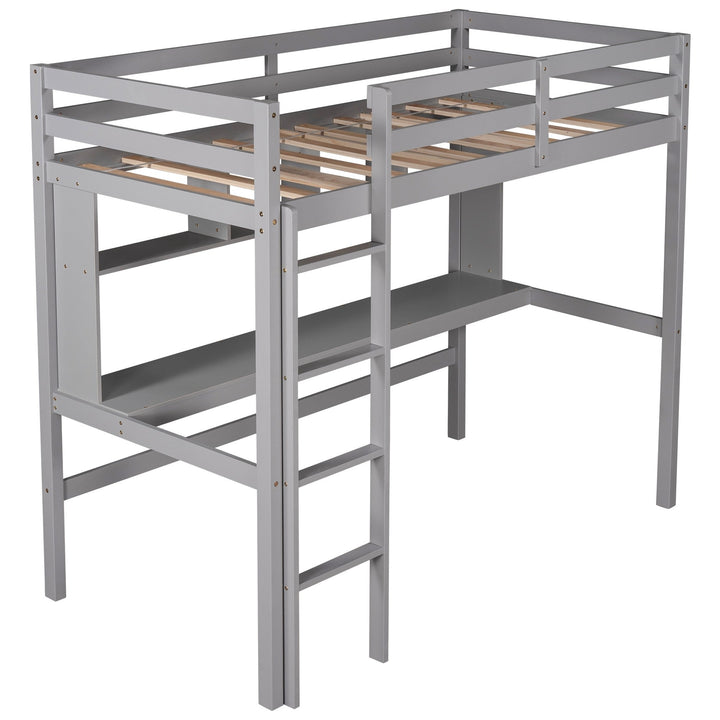 Minimalist Gray Twin Size Loft Bed with Built In Desk and Shelf Image 8