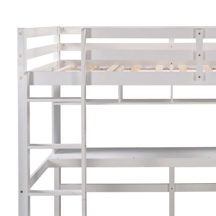 Minimalist White Twin Size Loft Bed with Built In Desk and Shelf Image 9