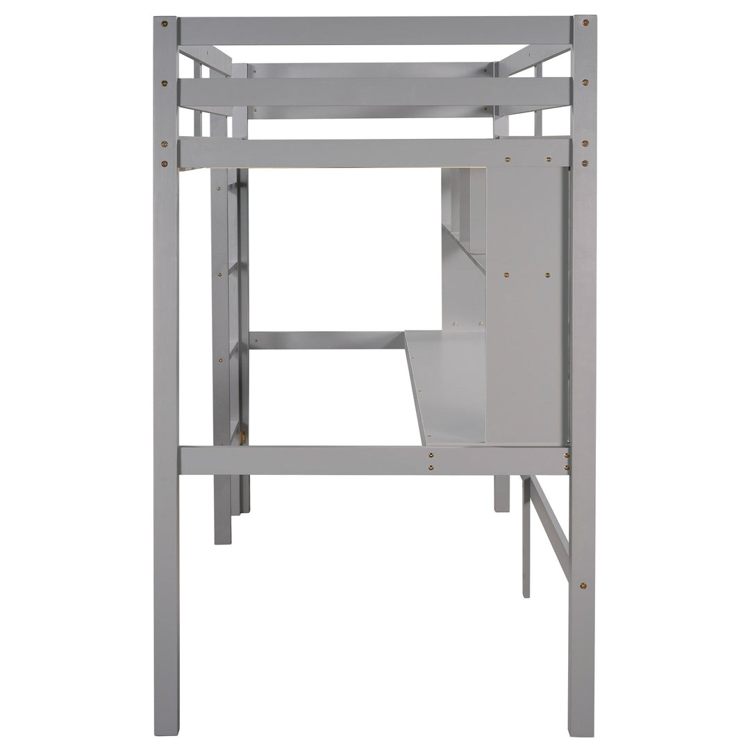 Minimalist Gray Twin Size Loft Bed with Built In Desk and Shelf Image 9