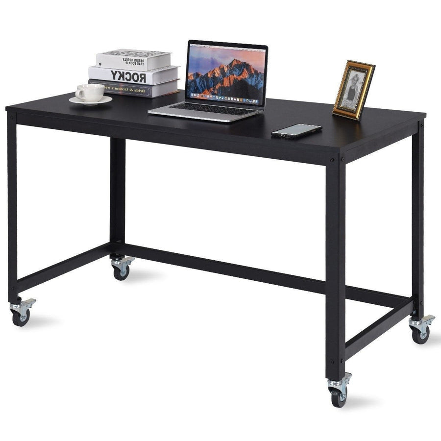 Mobile Steel Frame Laptop Computer Desk with Black Wood Top and Locking Casters Image 1