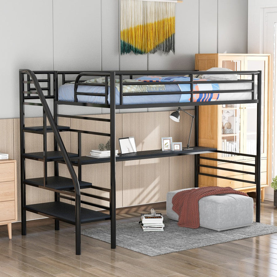 Mod Black Twin Size Metal Loft Bed with Desk and Stairs Image 1