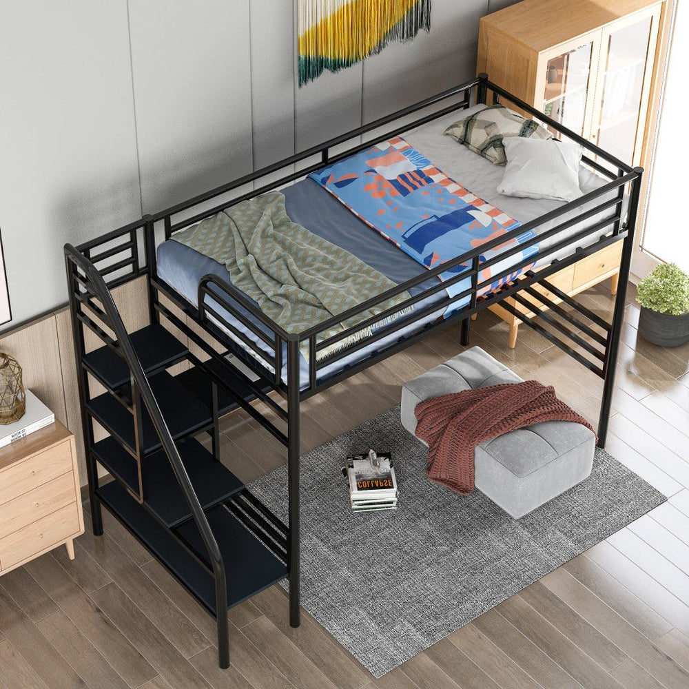 Mod Black Twin Size Metal Loft Bed with Desk and Stairs Image 2