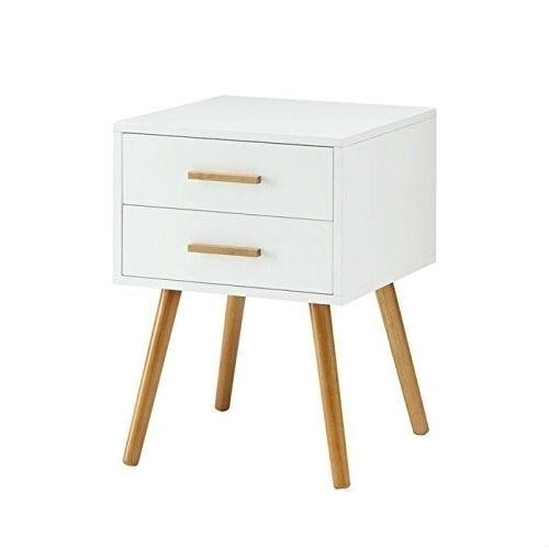 Modern 2-Drawer End Table Nightstand in White with Mid-Century Style Wood Legs Image 1