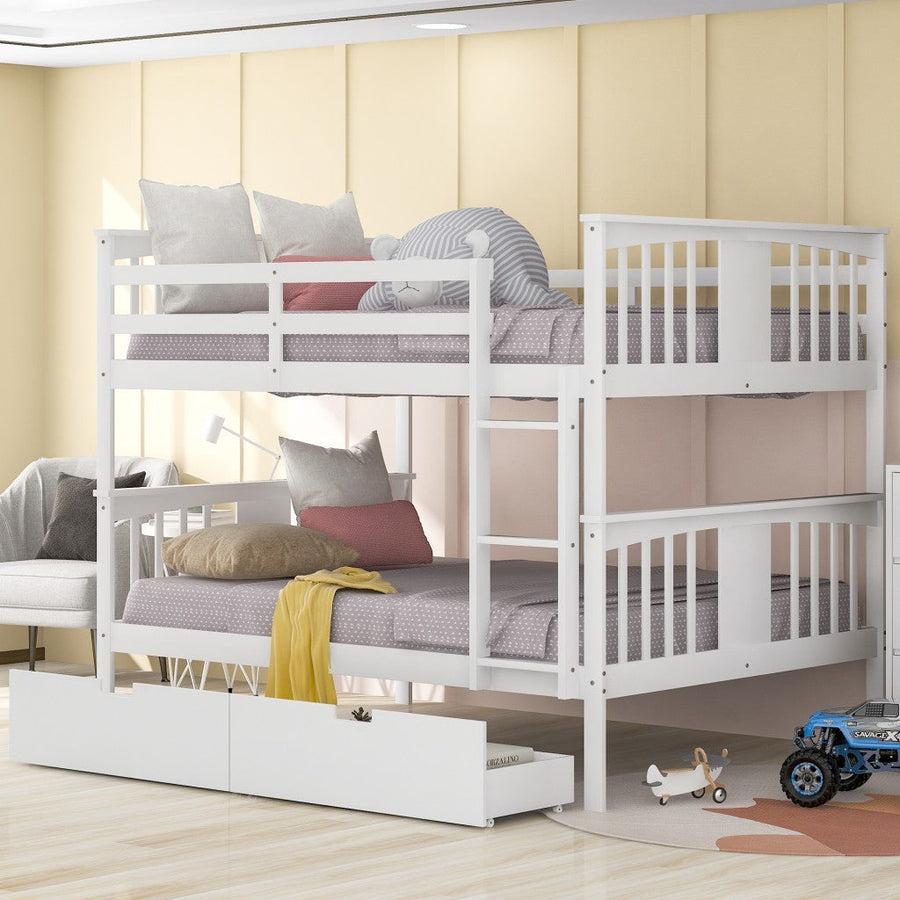 Modern White Full Over Full Bunk Bed with Two Drawers Image 1