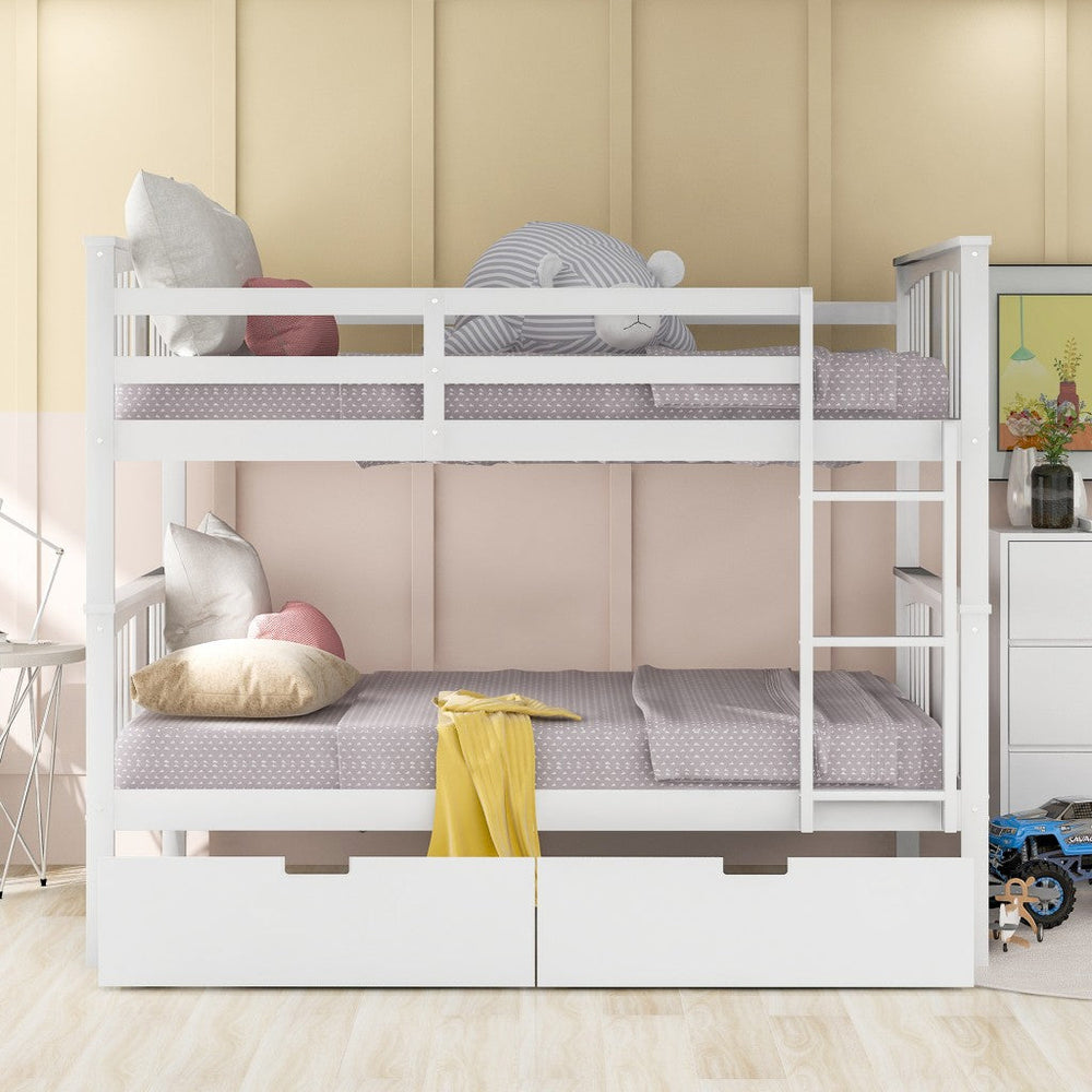 Modern White Full Over Full Bunk Bed with Two Drawers Image 2