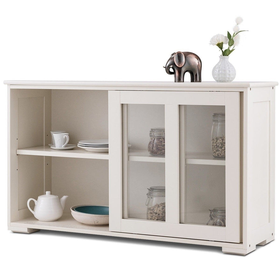 Modern White Wood Buffet Sideboard Cabinet with Glass Sliding Door Image 1