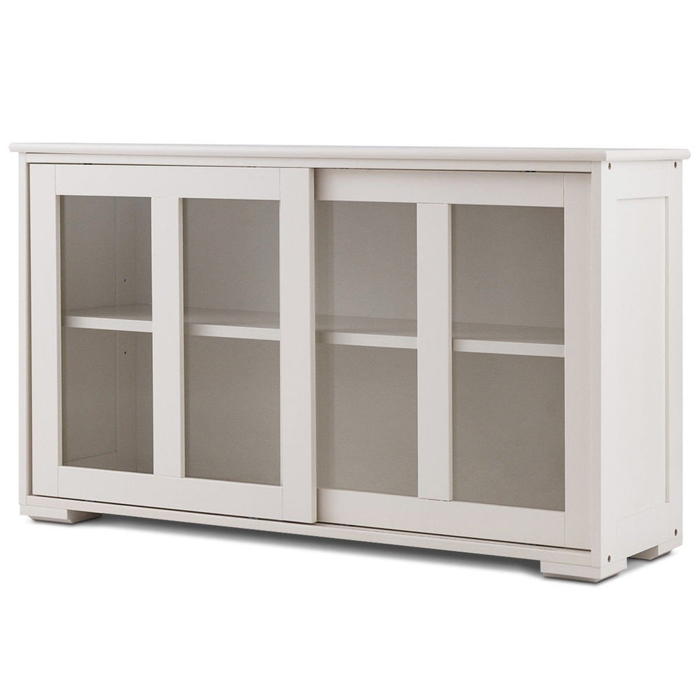 Modern White Wood Buffet Sideboard Cabinet with Glass Sliding Door Image 2