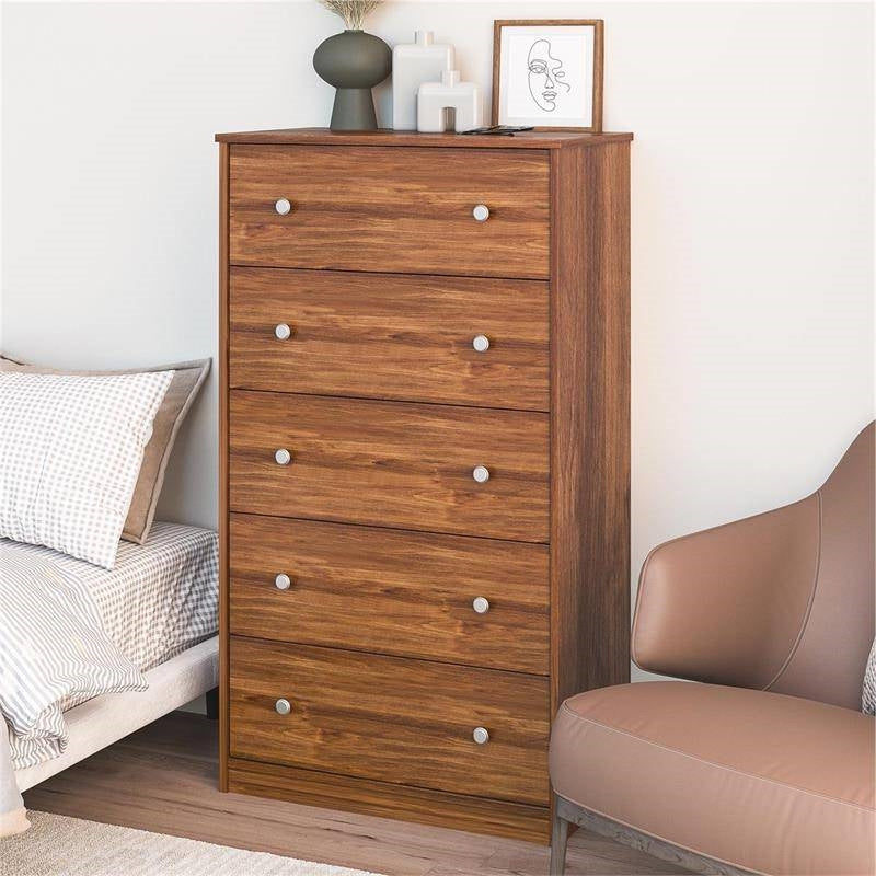 Modern 5-Drawer Bedroom Chest Dresser in Rustic Brown Wood Finish Image 2