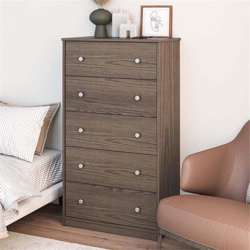 Modern 5-Drawer Bedroom Chest in Rustic Grey Brown Wood Finish Image 2