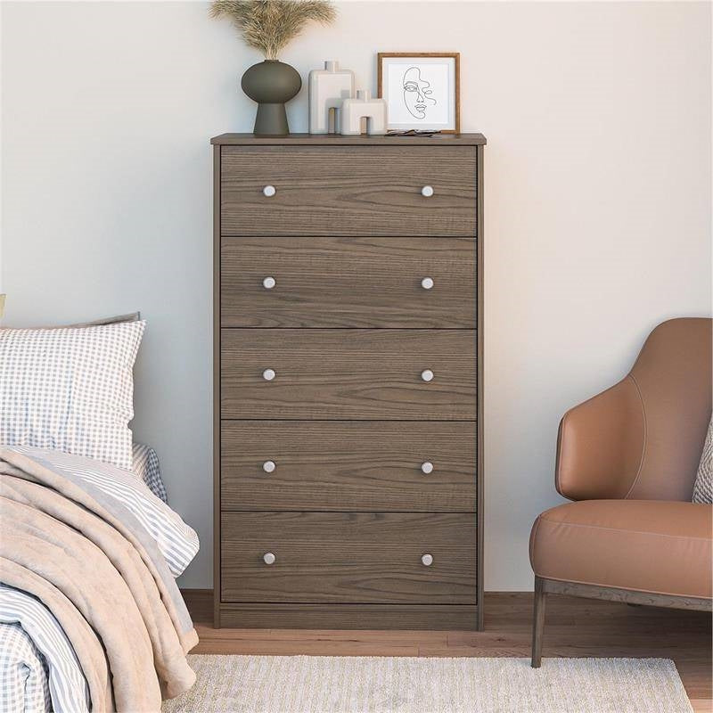 Modern 5-Drawer Bedroom Chest in Rustic Grey Brown Wood Finish Image 3