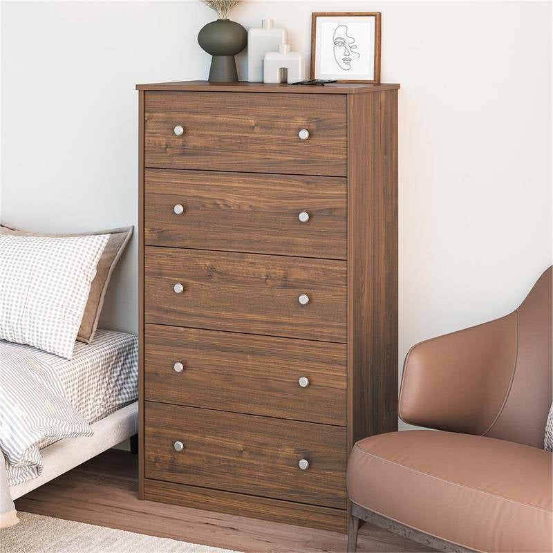 Modern 5-Drawer Bedroom Chest of Drawers in Rustic Walnut Wood Finish Image 2