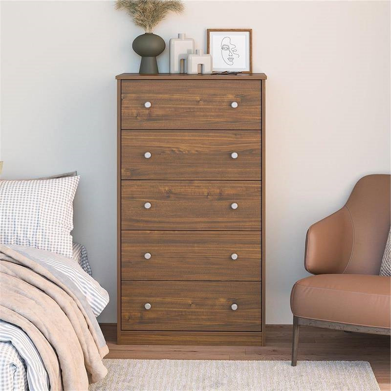 Modern 5-Drawer Bedroom Chest of Drawers in Rustic Walnut Wood Finish Image 3