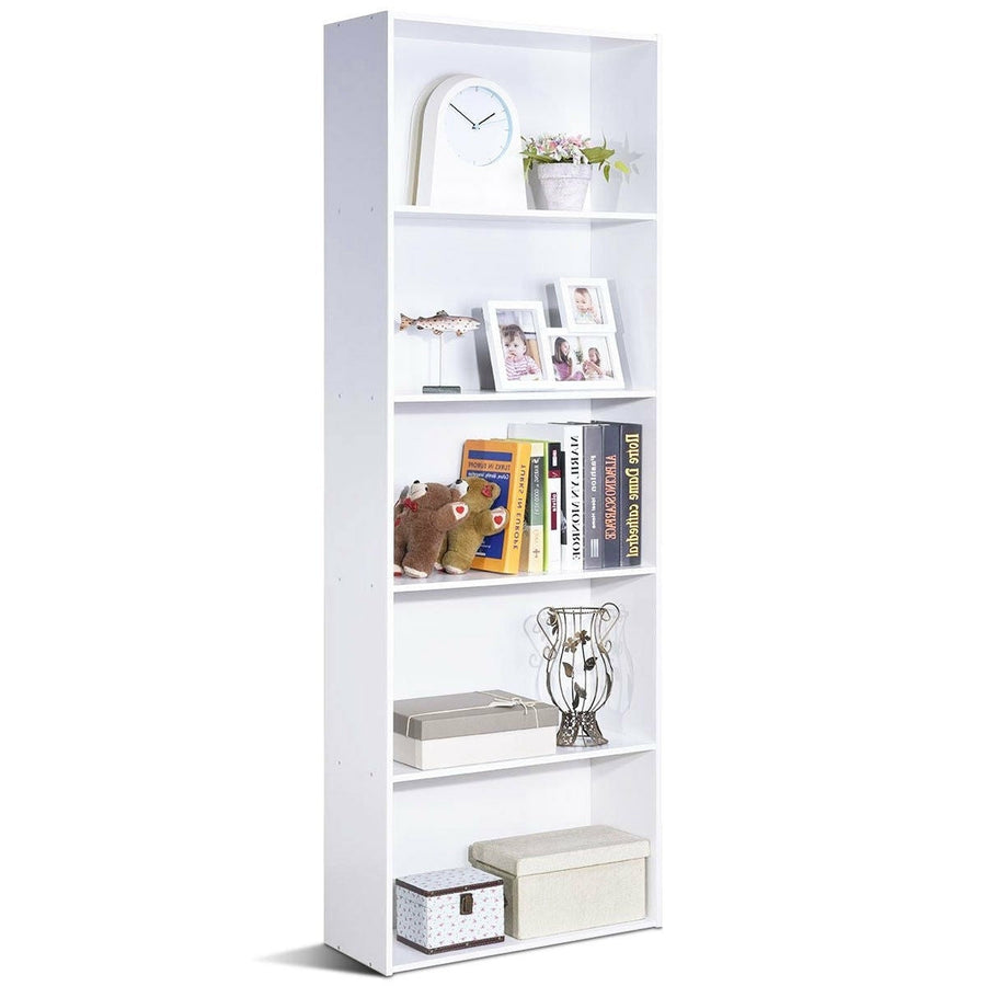 Modern 5-Tier Bookcase Storage Shelf in White Wood Finish Image 1