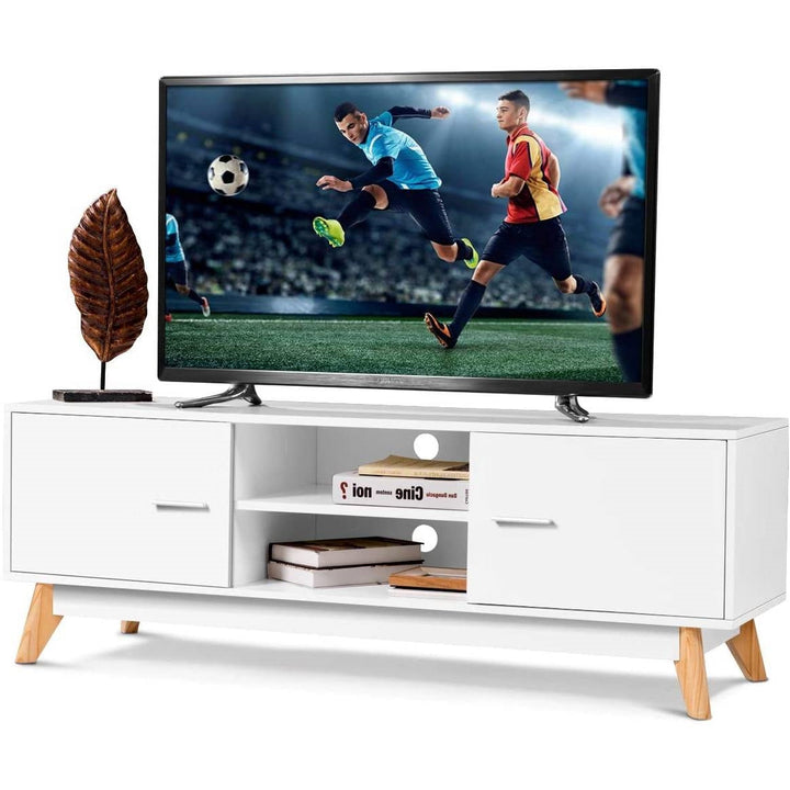 Modern 55-inch Solid Wood TV Stand in White Finish and Mid-Century Legs Image 1