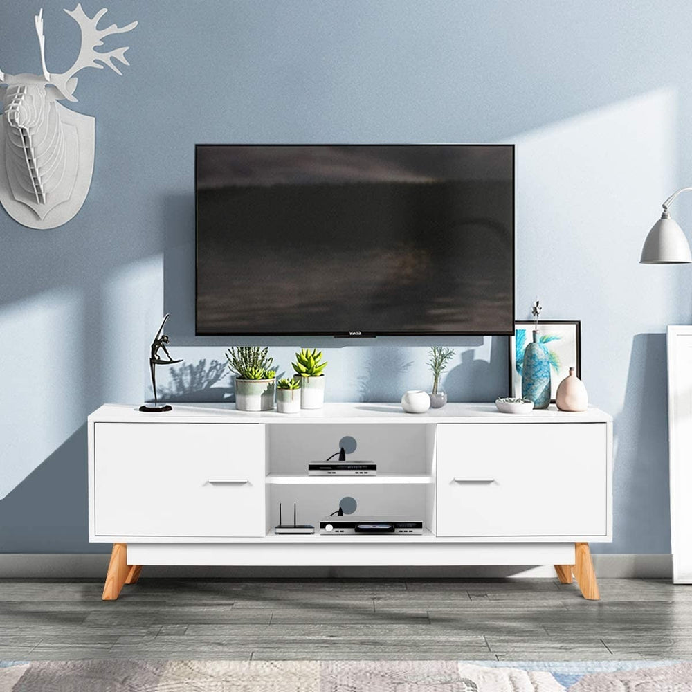 Modern 55-inch Solid Wood TV Stand in White Finish and Mid-Century Legs Image 2