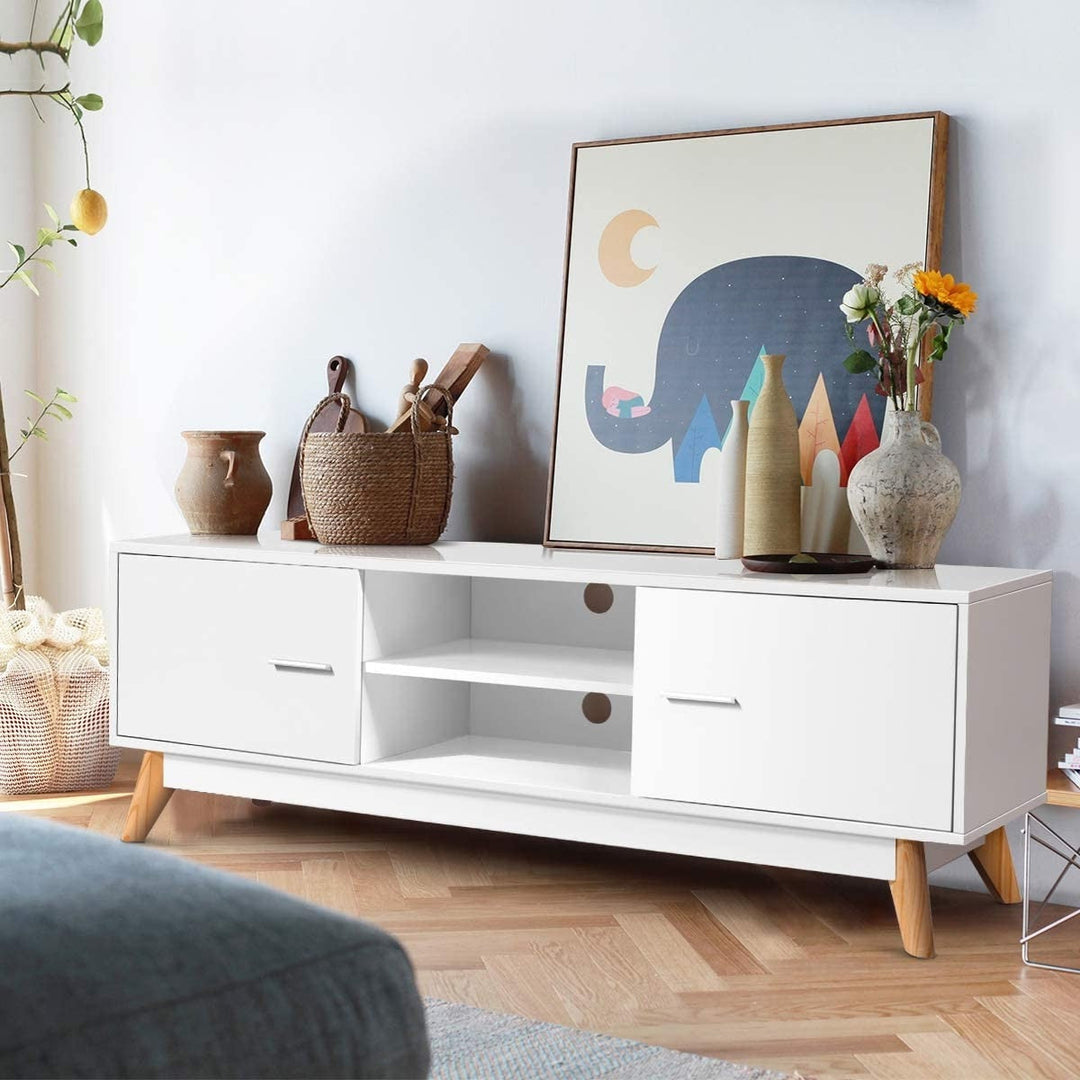 Modern 55-inch Solid Wood TV Stand in White Finish and Mid-Century Legs Image 3