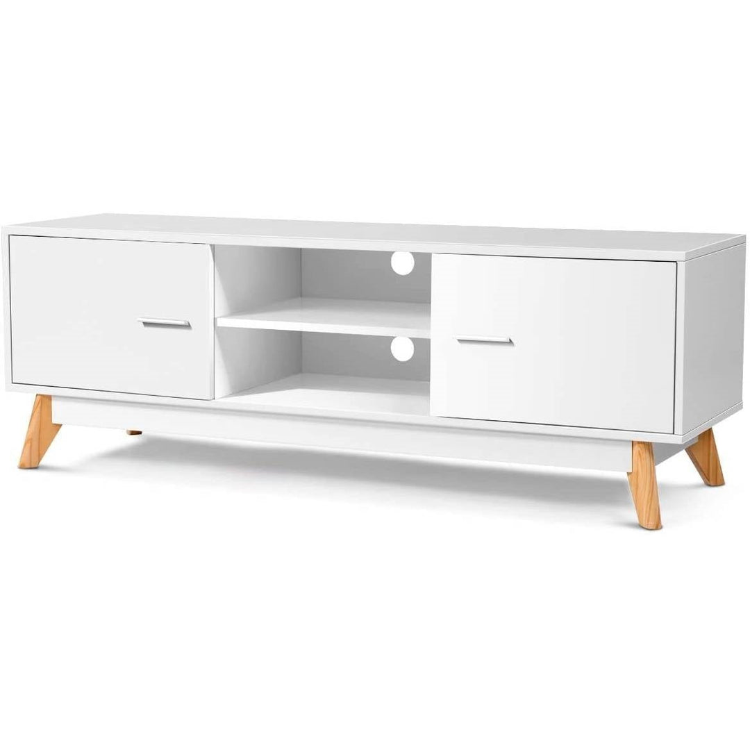 Modern 55-inch Solid Wood TV Stand in White Finish and Mid-Century Legs Image 4