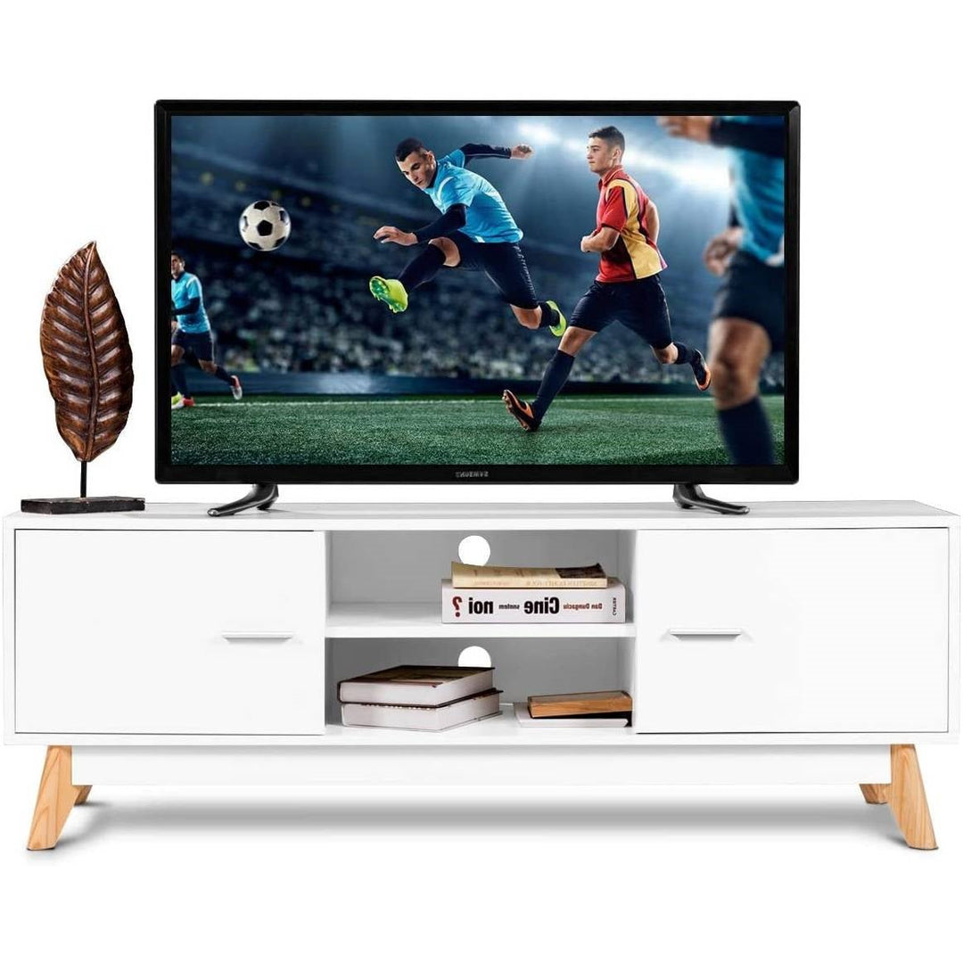 Modern 55-inch Solid Wood TV Stand in White Finish and Mid-Century Legs Image 5