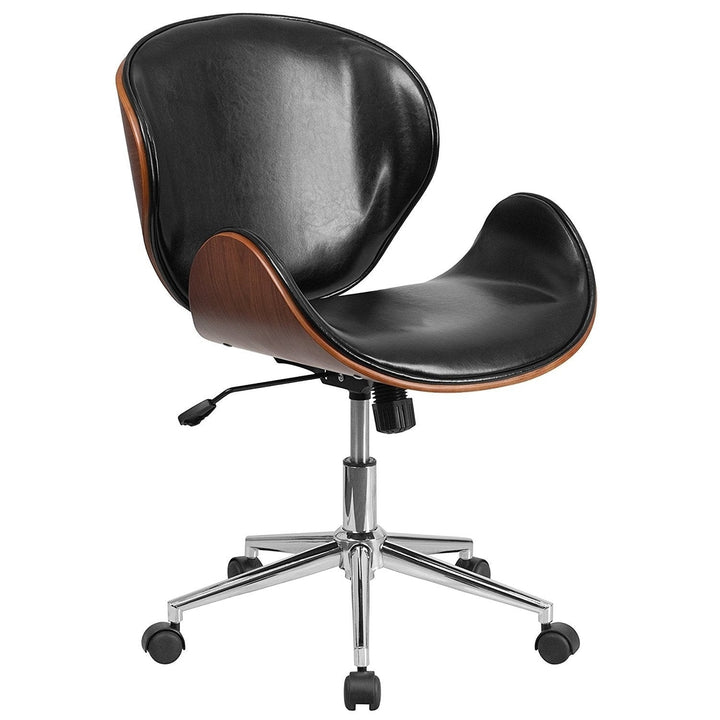 Mid-Back Walnut / Black Faux Leather Office Chair with Curved Bentwood Seat Image 2