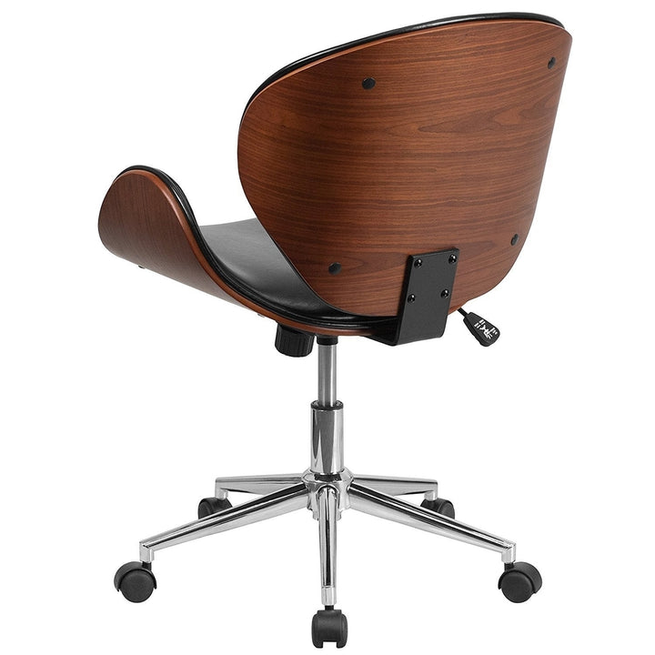 Mid-Back Walnut / Black Faux Leather Office Chair with Curved Bentwood Seat Image 3