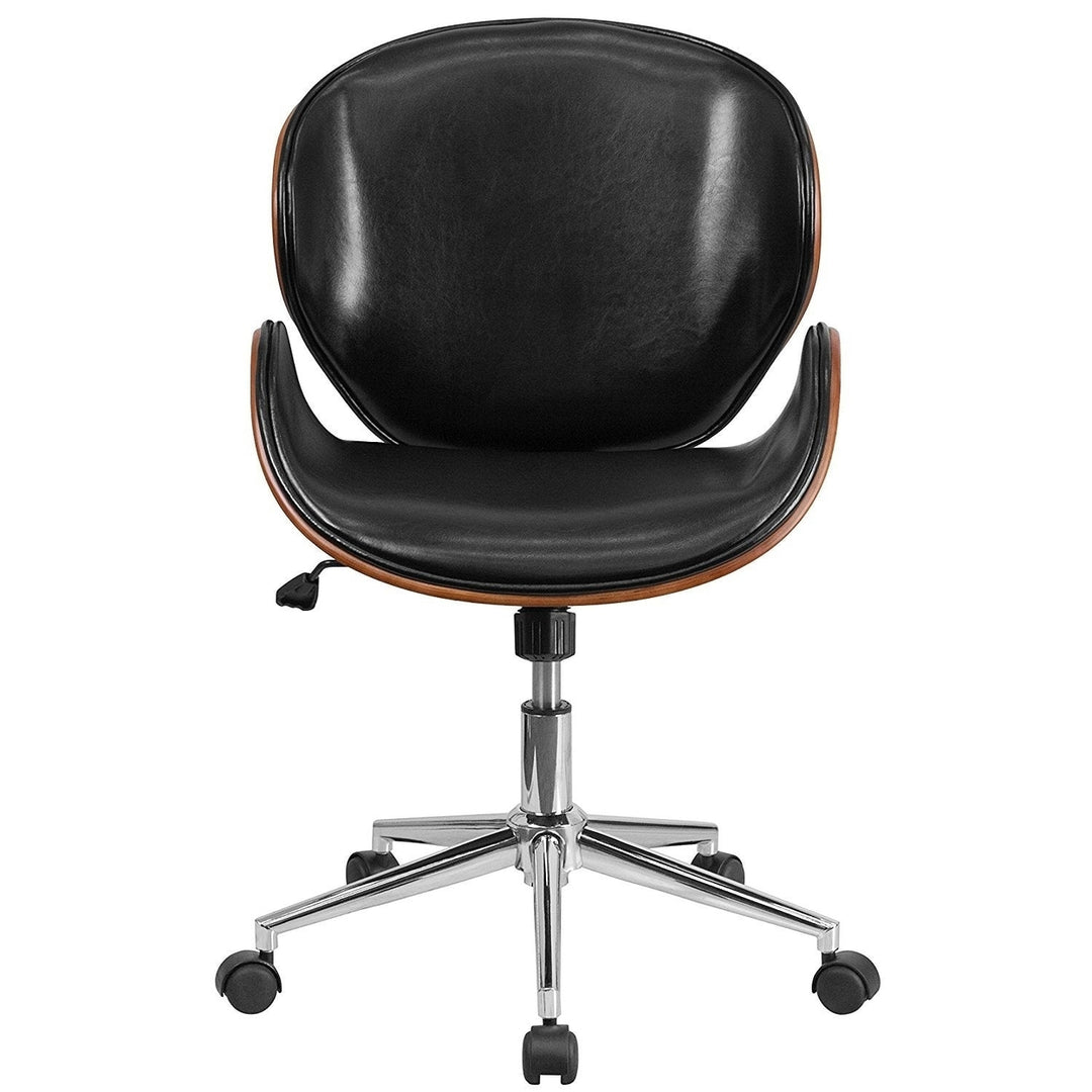 Mid-Back Walnut / Black Faux Leather Office Chair with Curved Bentwood Seat Image 4